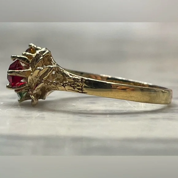 Vintage Gold plated MultiGemstone Ring 7 Ruby Red Citrine Blue Green Leaf Design - Picture 3 of 13